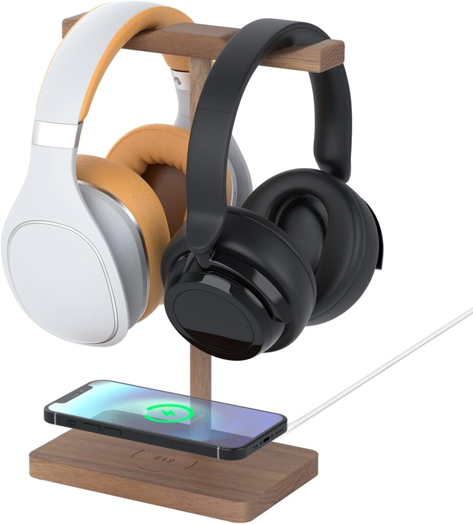 Headphone Stand Wood for Desk with Wireless Charger