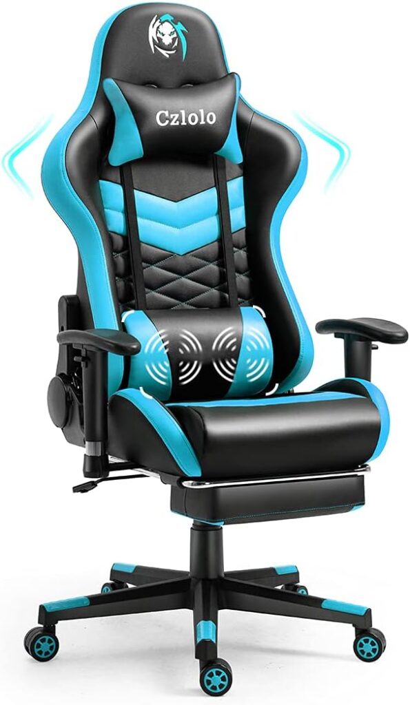 Gaming Chair with Footrest and Massage, PU Leather Video Game Chair Racing Style Gaming Computer Chair, High Back Adjustable Recliner Gamer Chair for Adults, Teal+Black