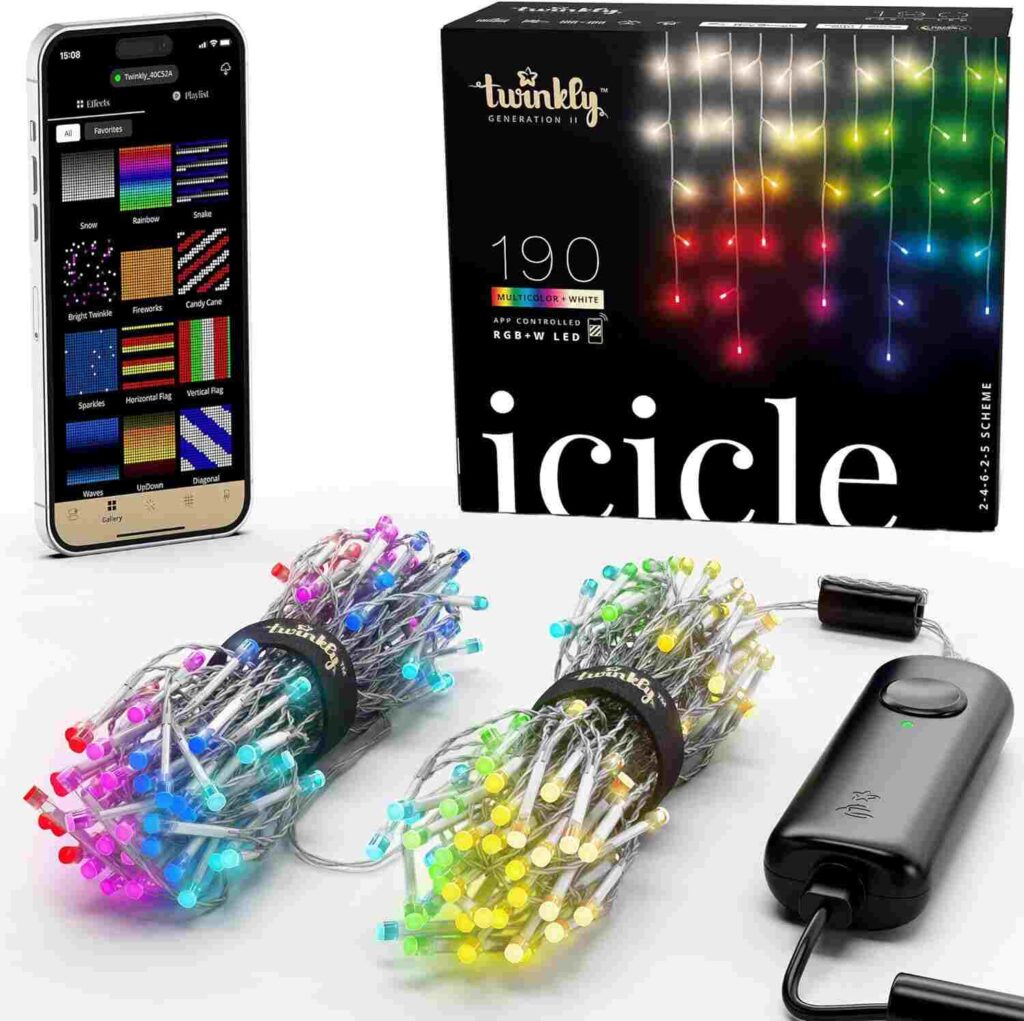 Twinkly Icicle – App-Controlled LED Christmas Lights with 190 RGB+W (16 Million Colors + Pure Warm White) LEDs. Clear Wire. Indoor and Outdoor Smart Lighting Decoration