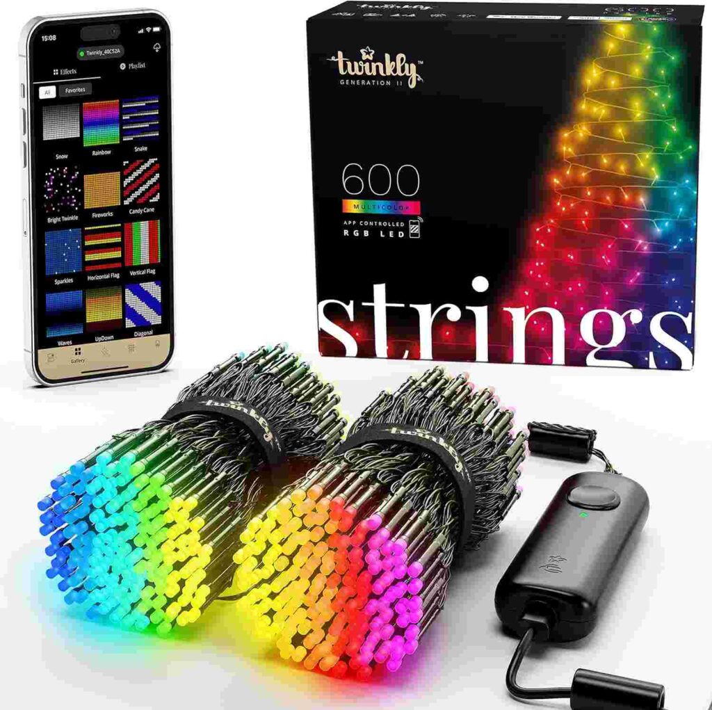 Twinkly Strings App Controlled 157 Feet Smart Christmas Lights with 600 RGB LEDs and Green Wire for Indoor and Outdoor Decorative Lighting