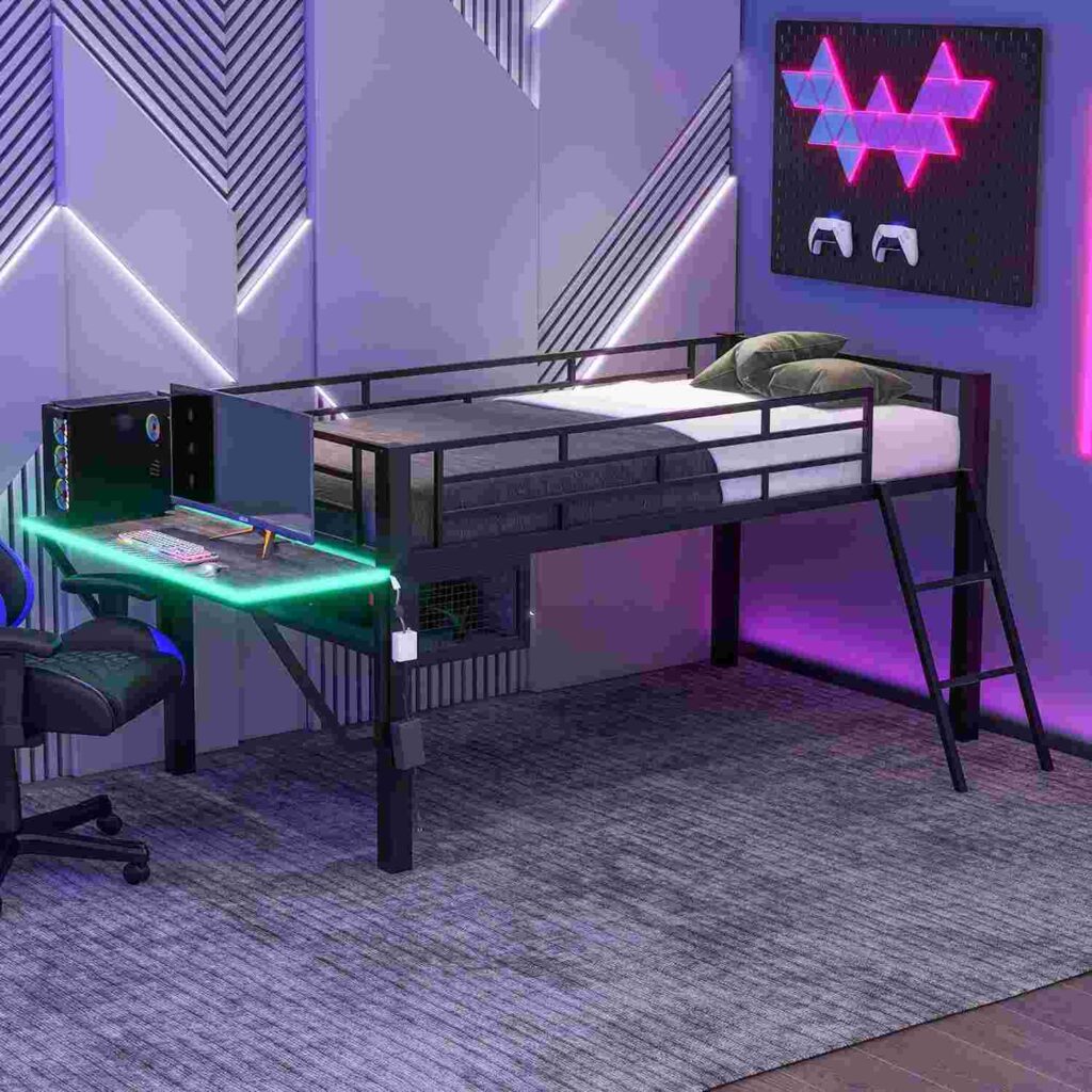 Gaming Mid Loft Bed with Desk LED and Storage