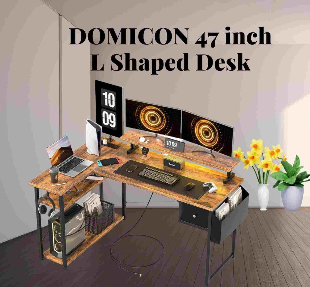 DOMICON 47 inch L Shaped Desk, Computer Desk, Adjustable Stand Office Desk, Power Outlets & Storage Drawer | leet corner gaming desk