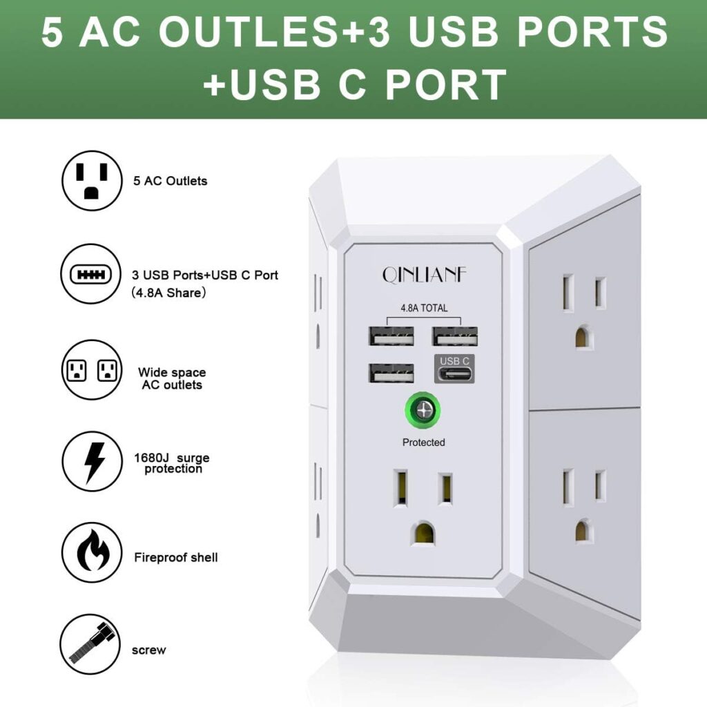 Wall Charger, Surge Protector, QINLIANF 5 Outlet Extender with 4 USB Charging Ports